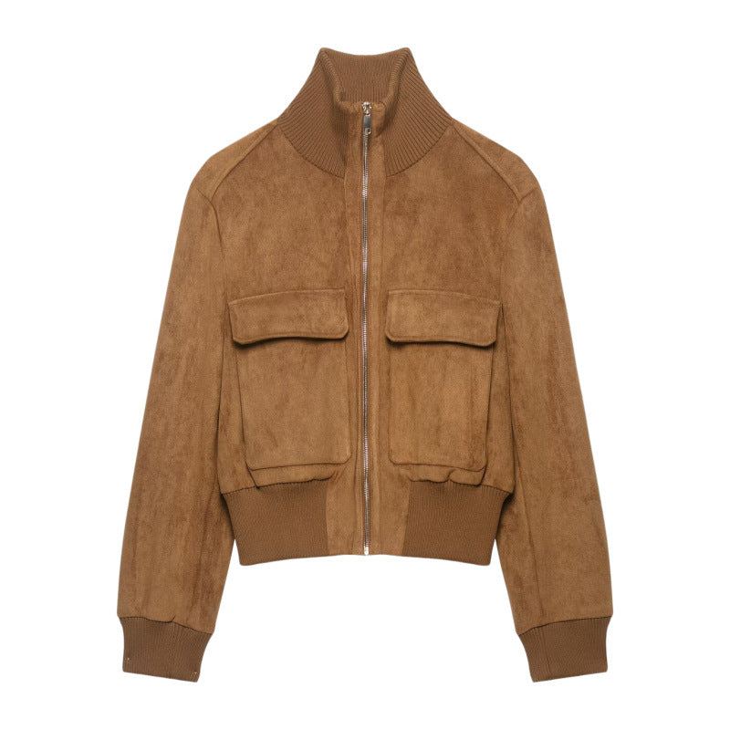 Women's Short Suede Look Bomber Jacket with Stand Collar, Flap Pockets and Ribbed Cuffs Mune Fashion