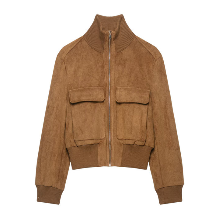 Women's Short Suede Look Bomber Jacket with Stand Collar, Flap Pockets and Ribbed Cuffs Mune Fashion