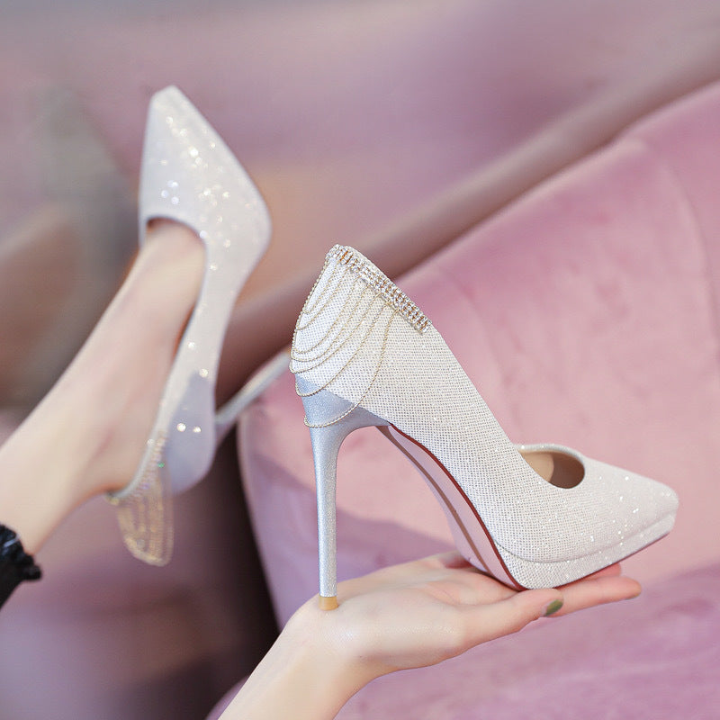 Women's elegant evening pumps with fine glitter mesh, pointed toe, delicate stiletto heel, and decorative heel application Mune Fashion