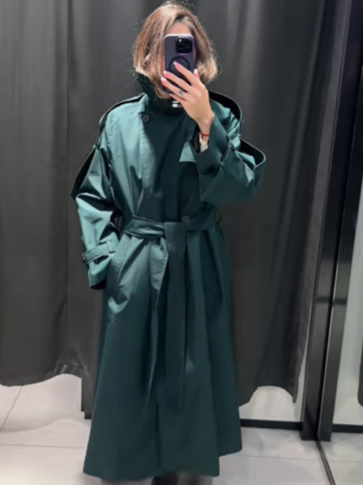 Women Long Water-Repellent Trench Coat with Waist Belt and High Stand Collar Mune Fashion