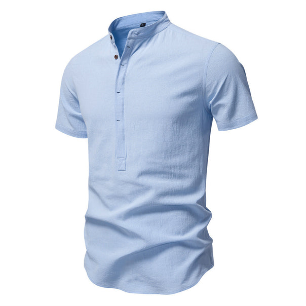 Men's casual short-sleeve shirt with stand-up collar, half button placket, and lightly textured cotton-linen quality Mune Fashion