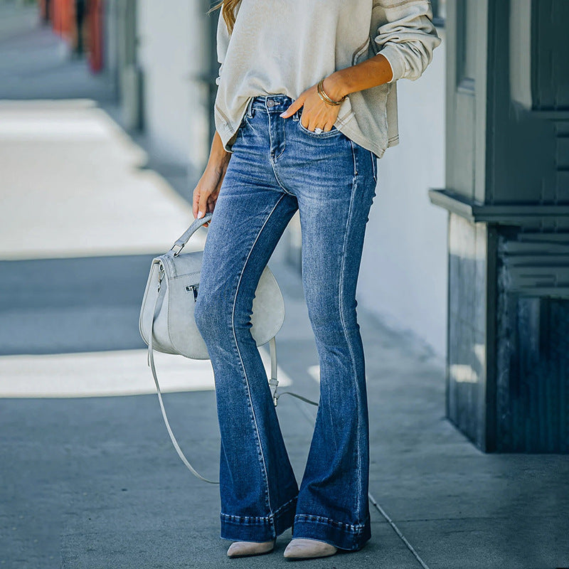 Ladies High-Waist Flared Jeans with Tailored Cut and Decorative Front Seam Mune Fashion