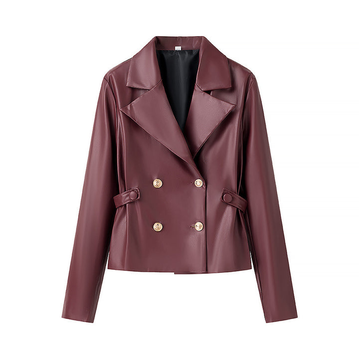 Women tailored double-breasted blazer and pleated mini set made of vegan leather Mune Fashion