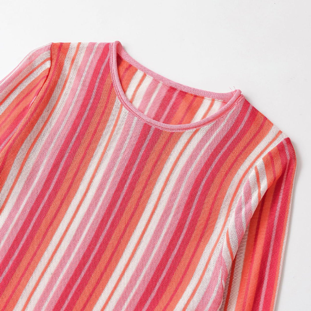 Women Striped Fine Knit Sweater with Round Neck and Cropped Boxy Cut Mune Fashion