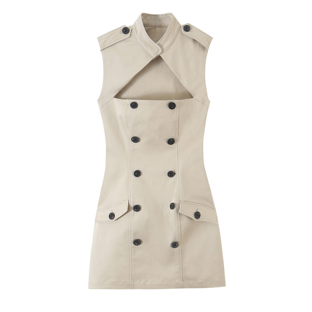 Women Sleeveless Trench Dress with Cut-Out and Double-Breasted Button Placket Mune Fashion