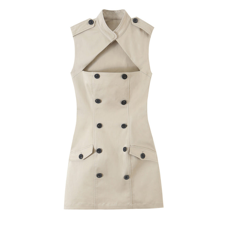 Women Sleeveless Trench Dress with Cut-Out and Double-Breasted Button Placket Mune Fashion
