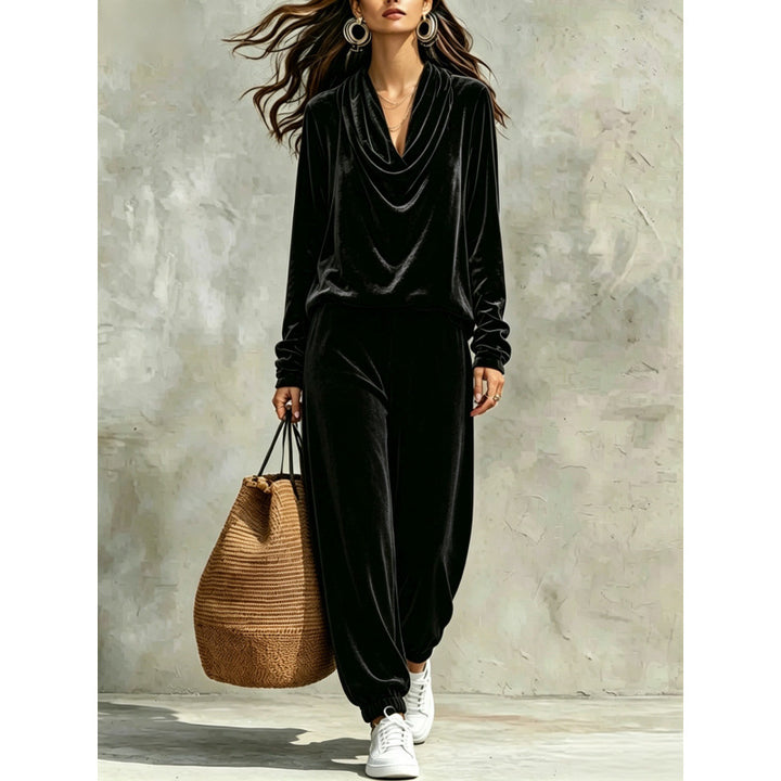 Women's Velvet Lounge Set with Waterfall Collar and Jogger Pants Mune Fashion