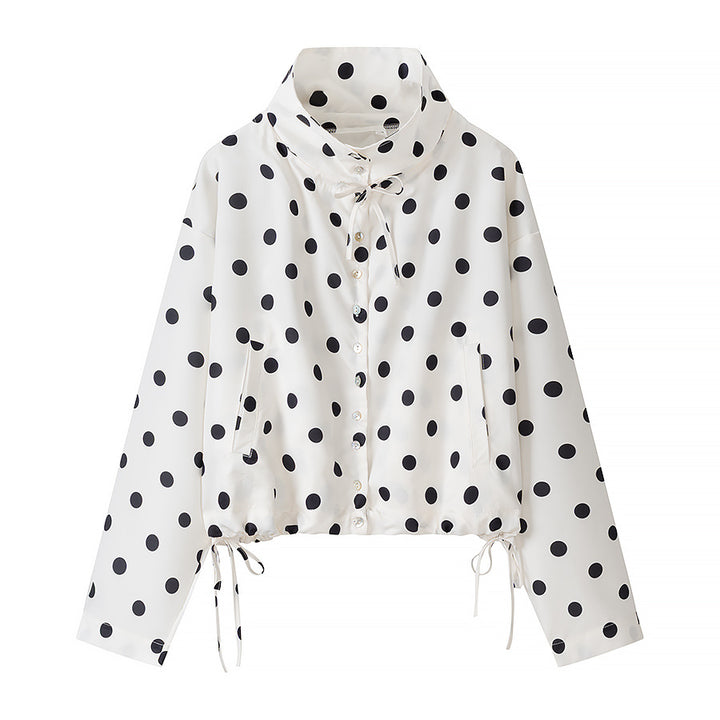Women's short jacket in rain parka style with stand-up collar, drawstring and polka dot print Mune Fashion