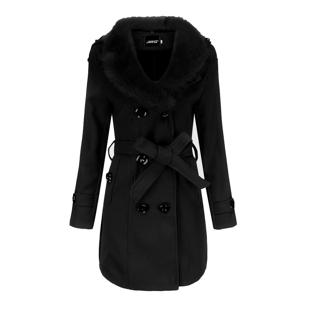 Women's midi double-breasted coat with full faux fur shawl collar and wrap belt Mune Fashion
