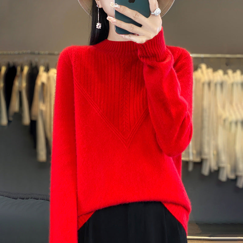 Women's Loose Mohair Blend Sweater with Textured V Panel and Stand Collar Mune Fashion
