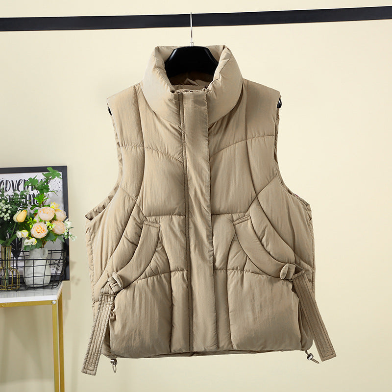 Women's Voluminous Sleeveless Down-Look Vest with Wide Stand-Up Collar and Side Gathered Straps Mune Fashion