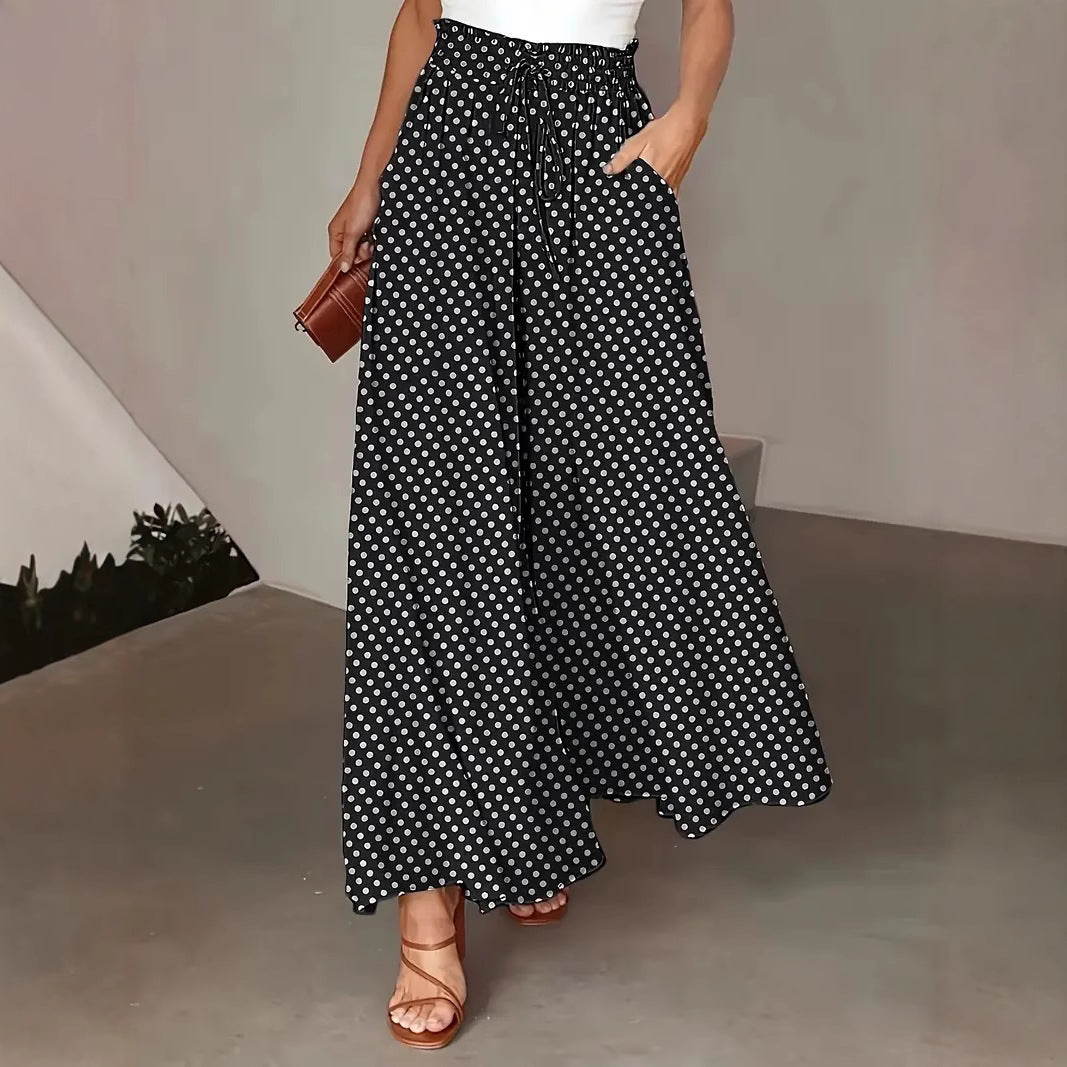 Women's Wide Cut Summer Pants with Polka Dot Design Mune Fashion
