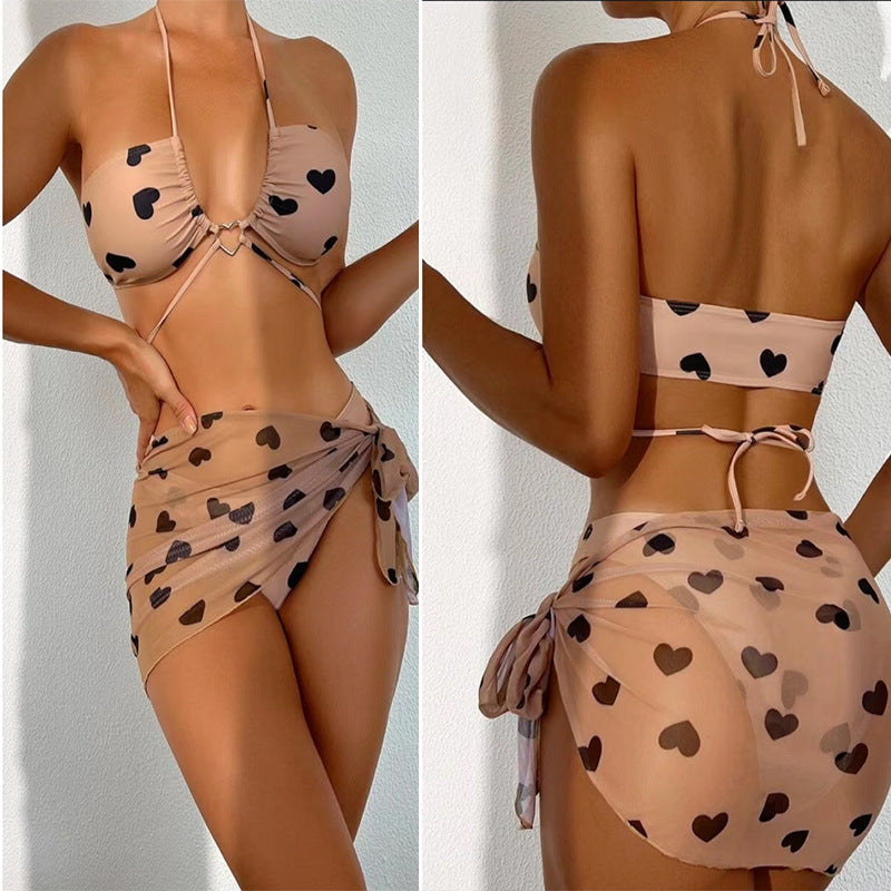 Women's Bikini Set with Playful Heart Pattern and Elegant Wrap Skirt Mune Fashion