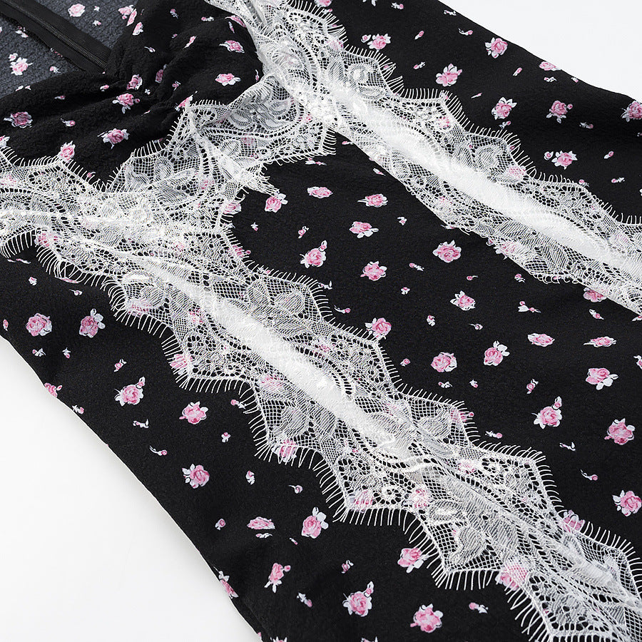 Ladies max dress with lace insert, long sleeves and floral all-over print Mune Fashion