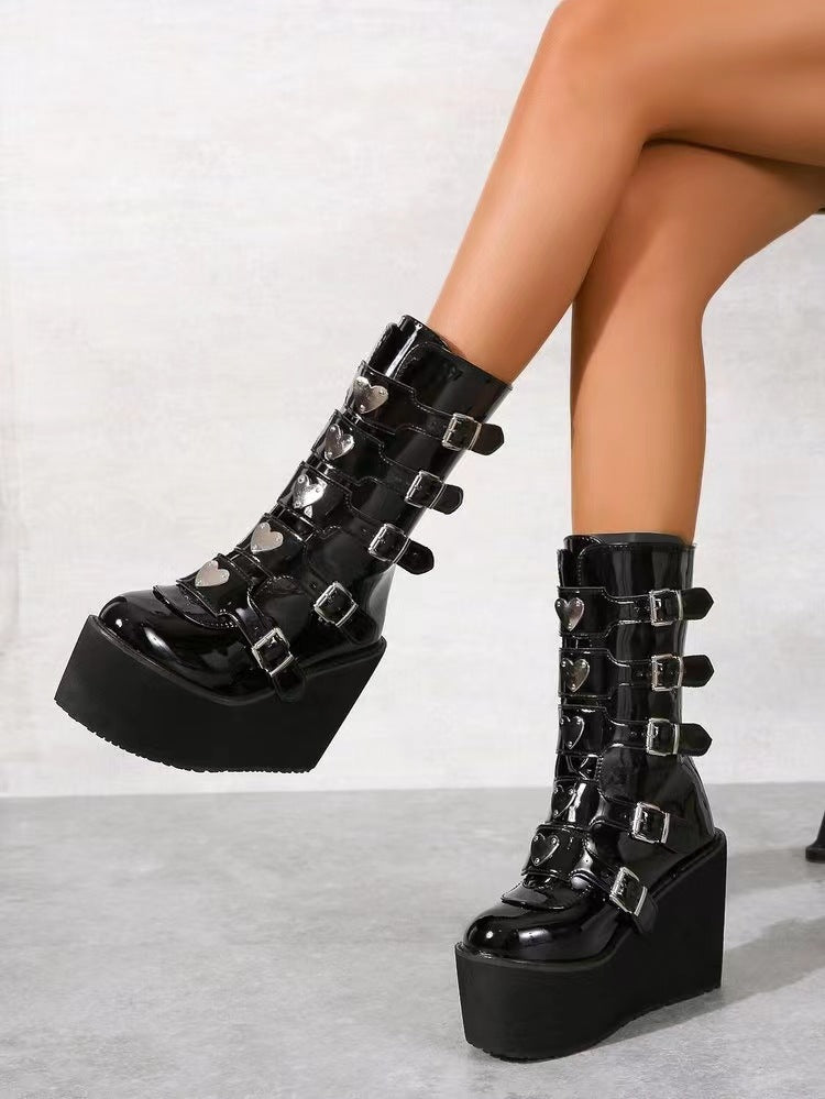 Women knee-high patent platform boots with multiple adjustable buckles and heart-shaped studs Mune Fashion
