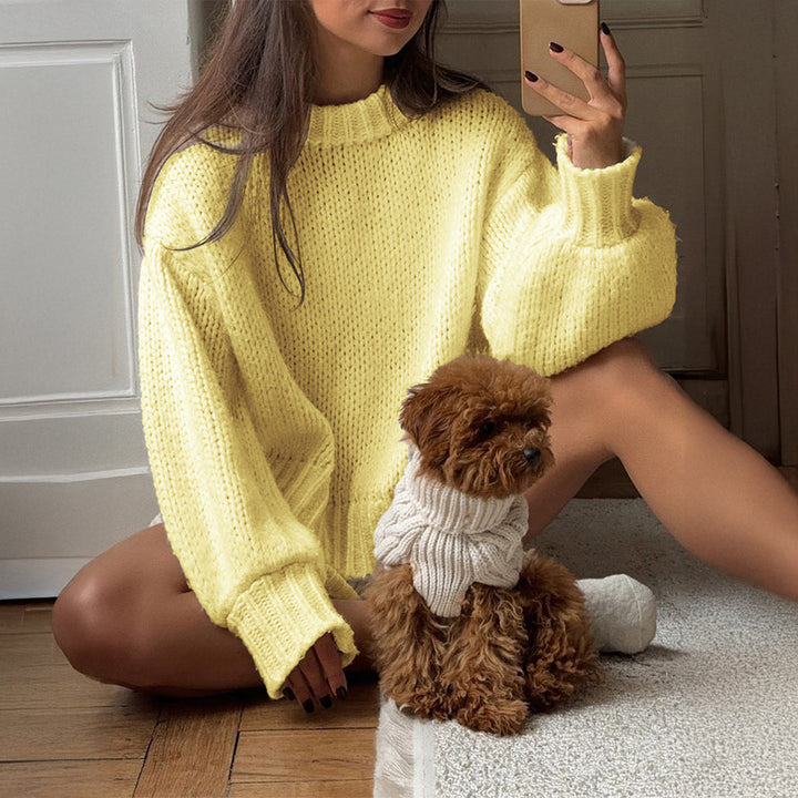 Women oversized chunky knit sweater with round neckline and ribbed hems Mune Fashion