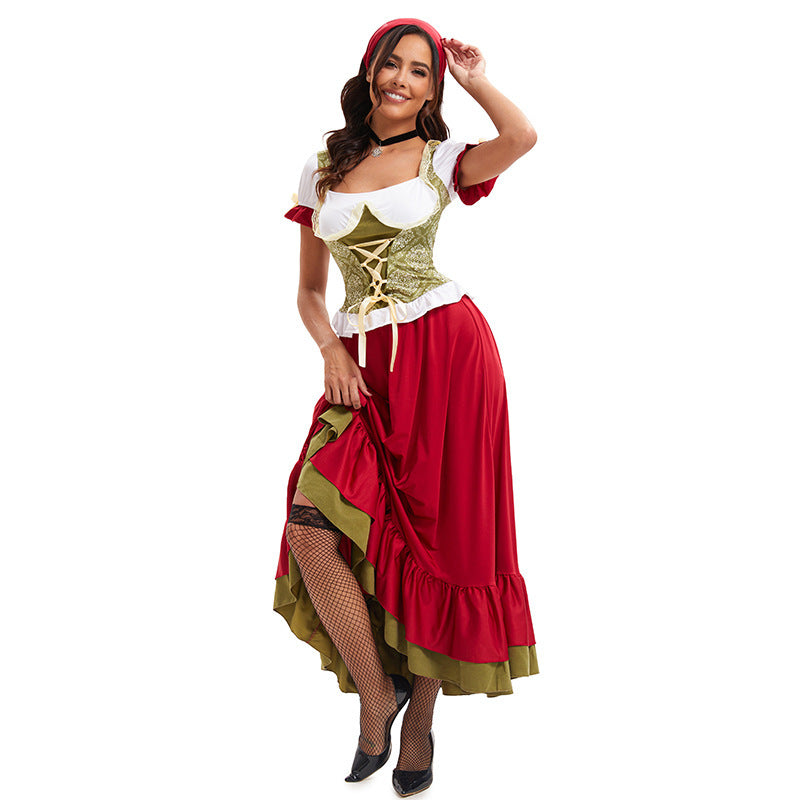 Ladies Bavarian Oktoberfest Beer Girl Costume with lace-up bodice puff sleeves and layered skirt Mune Fashion