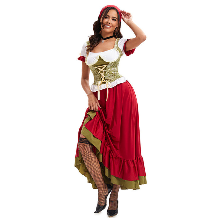 Ladies Bavarian Oktoberfest Beer Girl Costume with lace-up bodice puff sleeves and layered skirt Mune Fashion