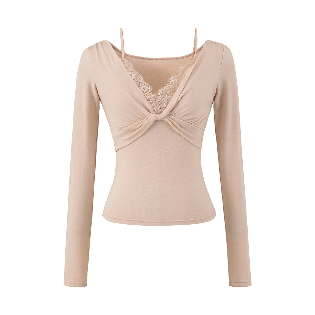 Women’s Figure-Hugging Long Sleeve Top with Twist Detail, Lace Insert and V-Neck