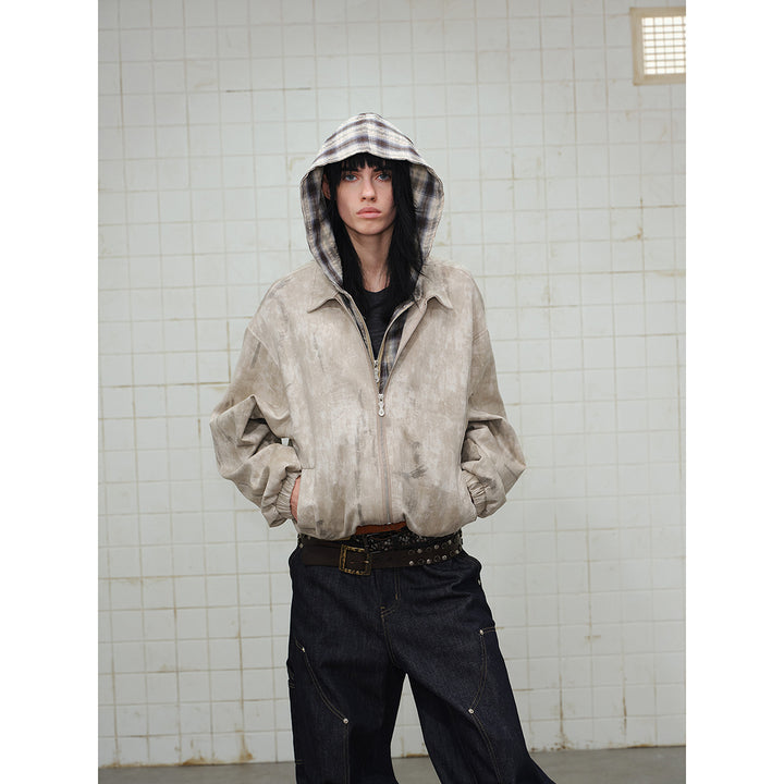 Unisex Short Cut Boxy Jacket in Suede Look with Checked Lined Hood Mune Fashion