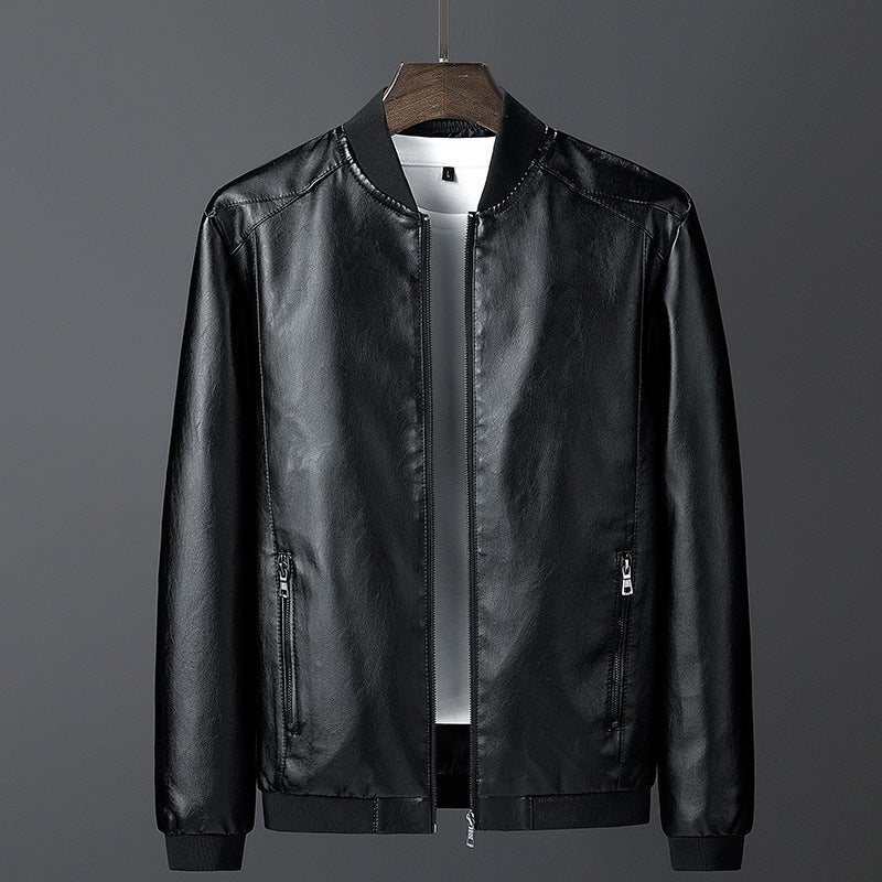 Men's smooth leather look bomber jacket with stand-up collar, zippered pockets, and elastic cuffs Mune Fashion