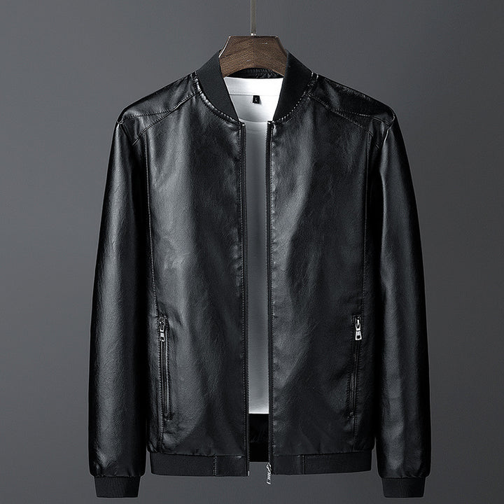 Men's smooth leather look bomber jacket with stand-up collar, zippered pockets, and elastic cuffs Mune Fashion