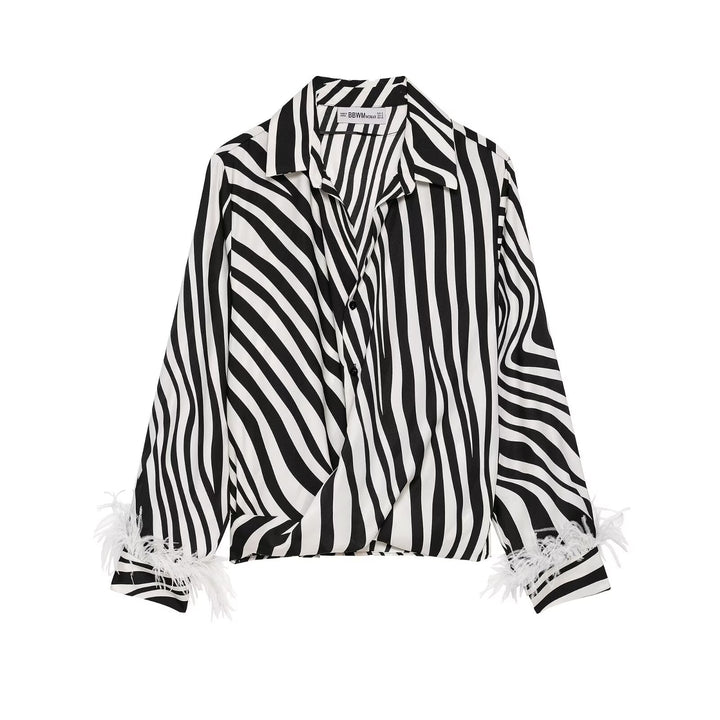 Women's Silky Oversize Blouse with Zebra Stripes and Feather Trim Mune Fashion