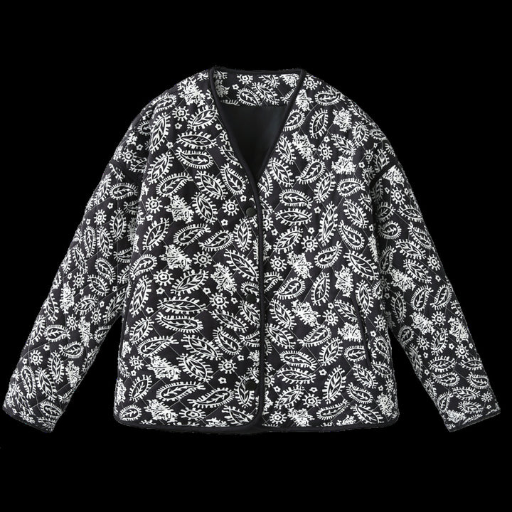 Women's quilted jacket with paisley pattern, V-neck and contrasting piping Mune Fashion