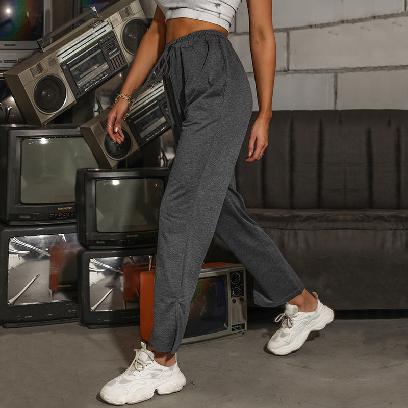 Women's Casual High-Waist Relaxed Pants with Wide Leg, Elastic Waistband and Drawstring Mune Fashion