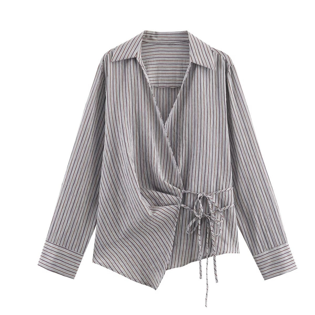 Women's Asymmetrical Wrap Blouse with Shirt Collar, Side Lacing and Long Cuff Sleeves Mune Fashion