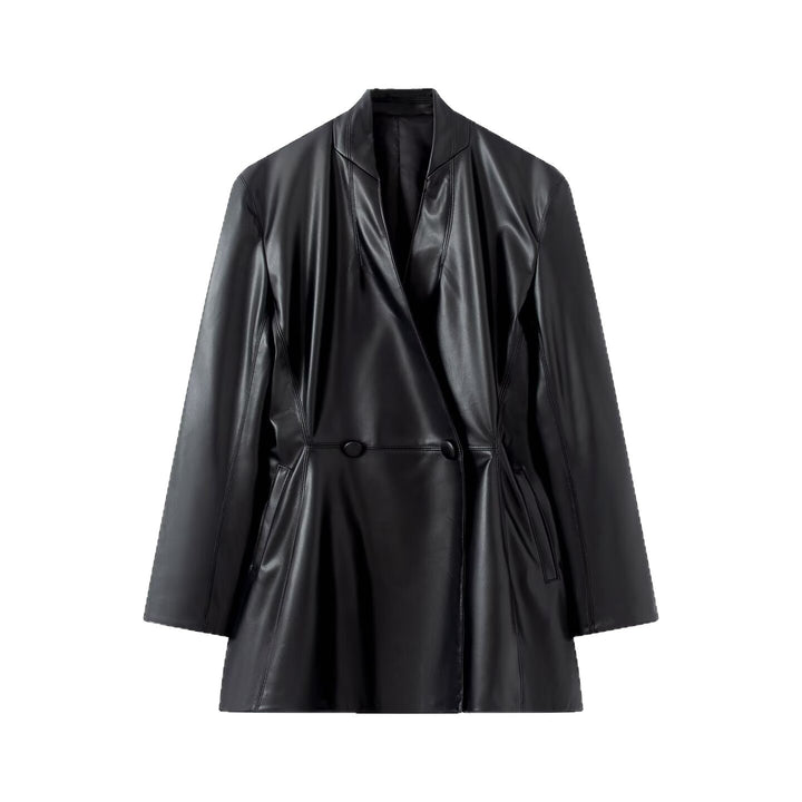 Women's Longer Tailored Blazer Coat in Vegan Leather Look with Cascading Shawl Collar and Double-Breasted Button Placket Mune Fashion