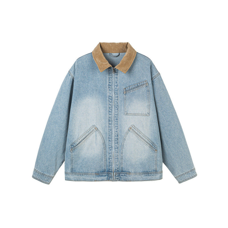 Men's Boxy Denim Jacket in Worker Style with Cord Collar and Front Zipper Mune Fashion