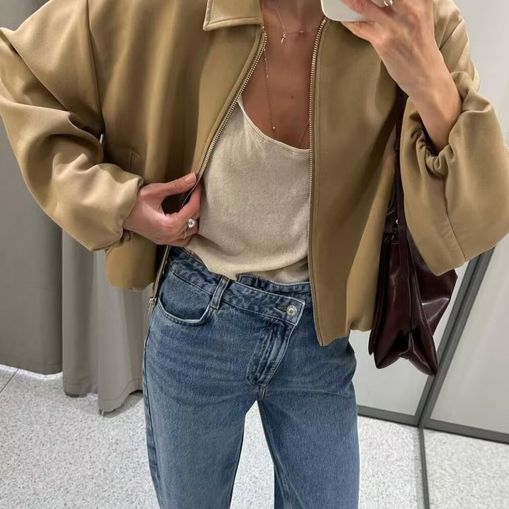Women's Cropped Bomber Jacket with Elastic Hem, Full Zip and Balloon Sleeves Mune Fashion