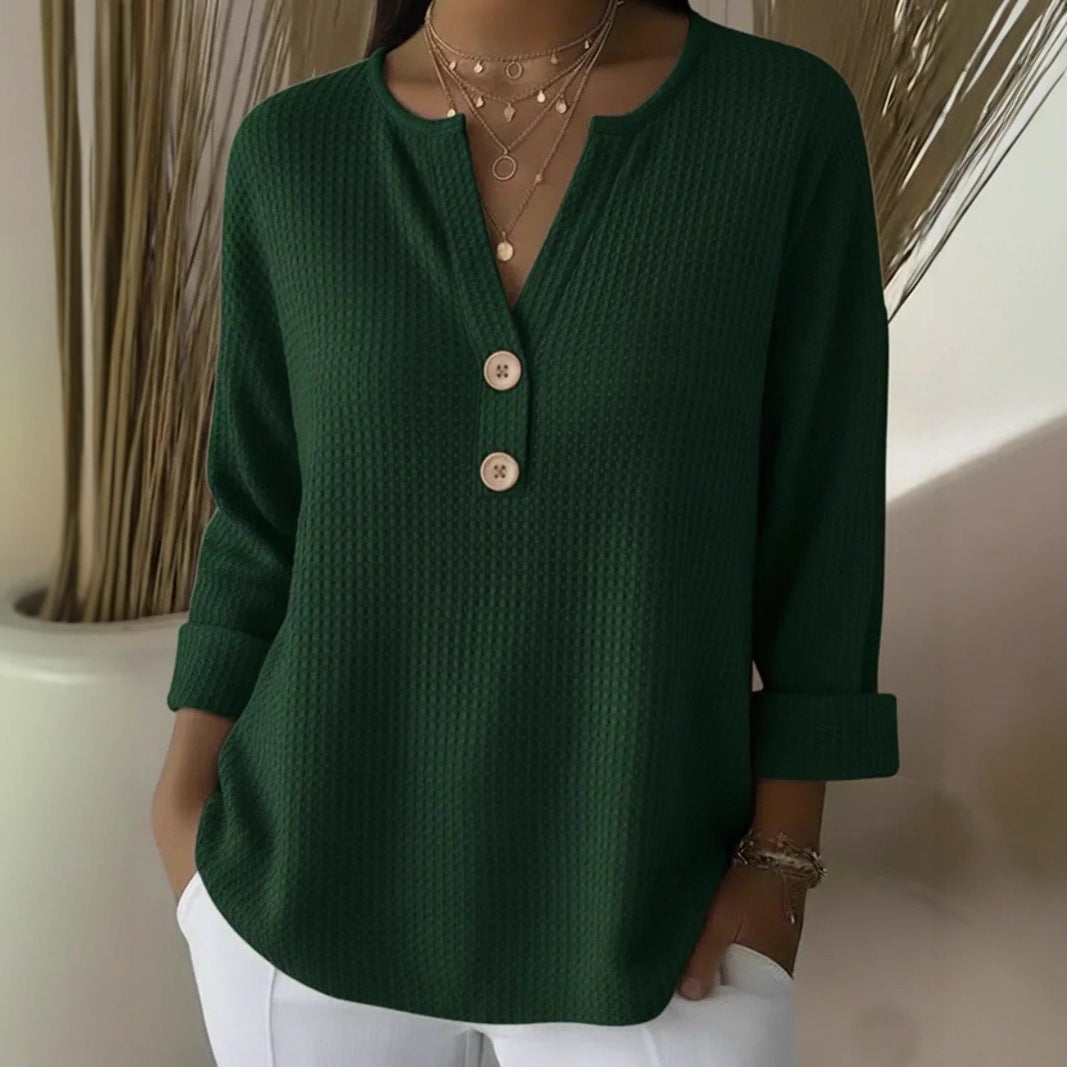 Women's waffle-knit henley shirt with wooden buttons and roll-up sleeves Mune Fashion