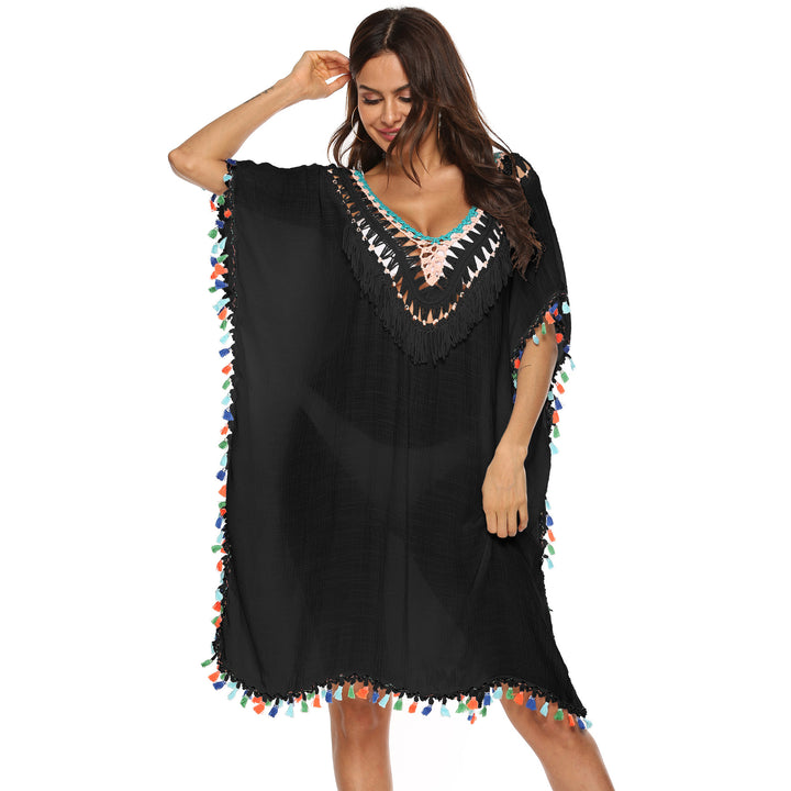 Women's beach kaftan with colorful tassel trim Mune Fashion