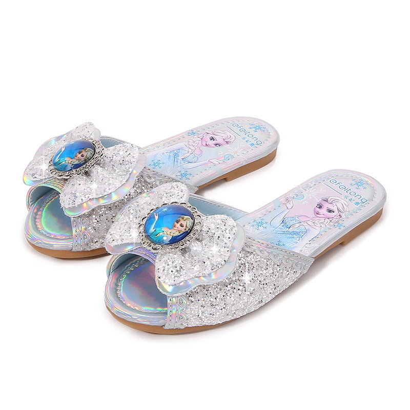 Girl Glittering Slippers with Flower Application Mune Fashion
