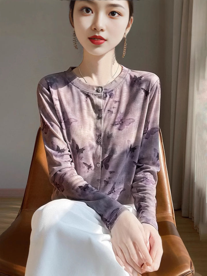Ladies Lightweight Watercolor Print Fine Knit Cardigan with Round Neck and Button Placket Mune Fashion