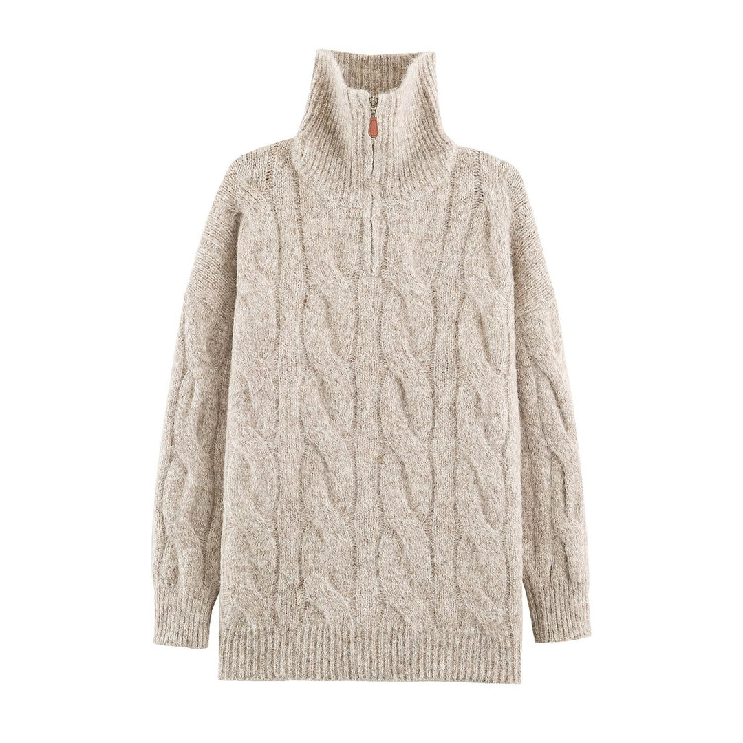 Women's Chunky Knit Long Sweater with Cable Pattern and Half-High Zip Collar Mune Fashion