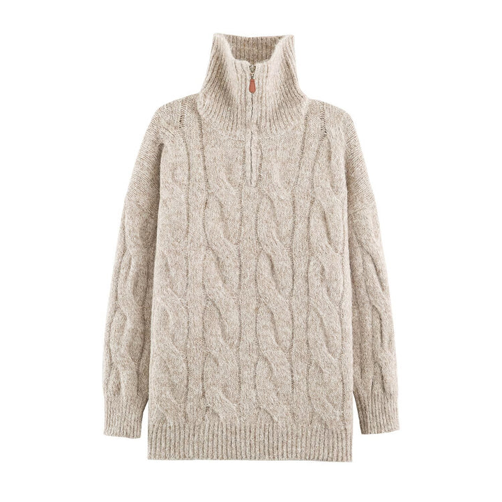 Women's Chunky Knit Long Sweater with Cable Pattern and Half-High Zip Collar Mune Fashion