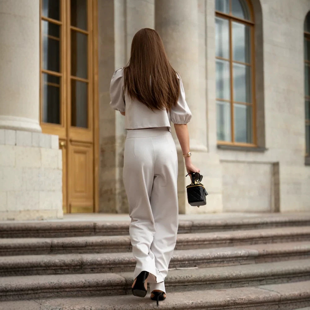 Women Two-Piece Tailoring Set with Short Jacket, Puff Sleeves and High-Cut Wide Pants Mune Fashion