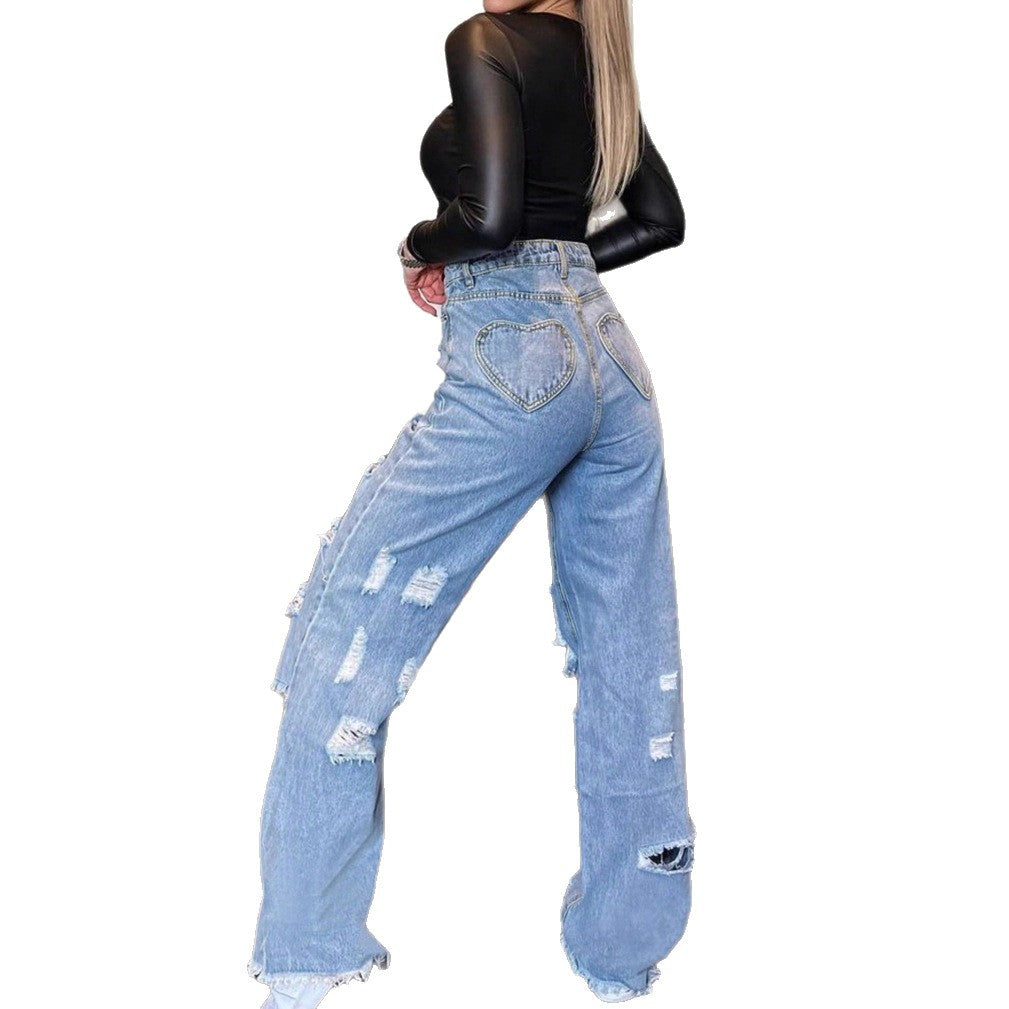 Ladies High-Waisted Baggy Jeans with Large Destruction Rips and Frayed Hem Mune Fashion