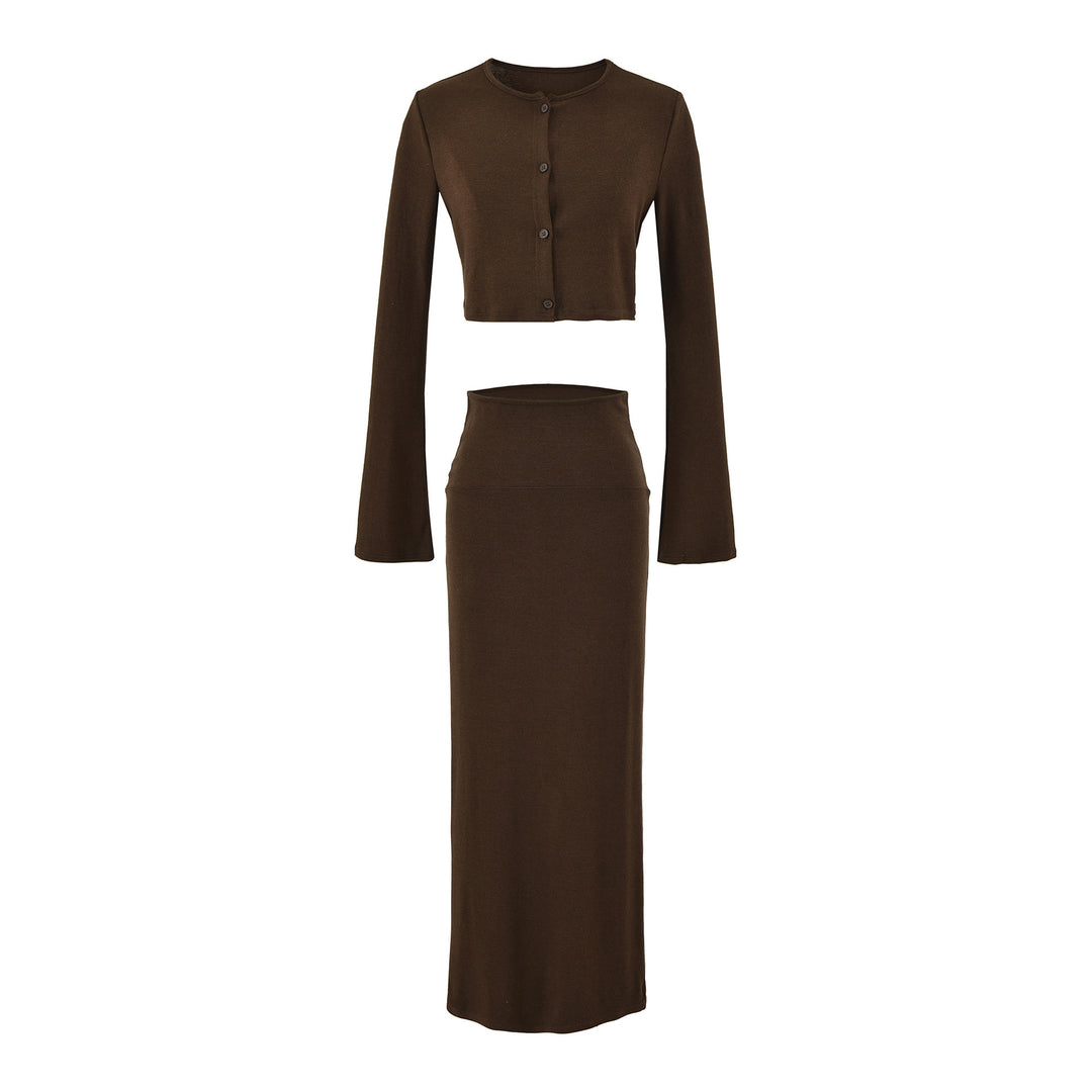 Ladies' cropped set made of fine knit with button cardigan and figure-hugging maxi skirt Mune Fashion
