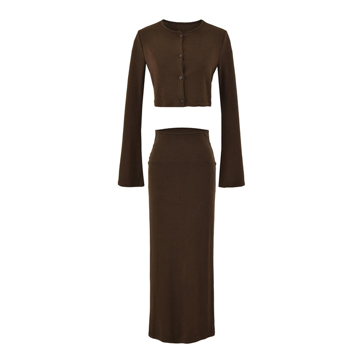 Ladies' cropped set made of fine knit with button cardigan and figure-hugging maxi skirt Mune Fashion