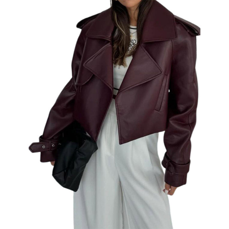 Ladies Cropped Biker Jacket made of faux leather with oversized lapels, adjustable cuffs, and epaulettes Mune Fashion