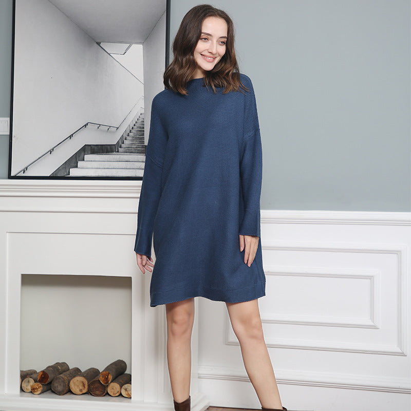 Women Oversize Knit Tunic with Short Stand-up Collar and Dropped Shoulder Mune Fashion