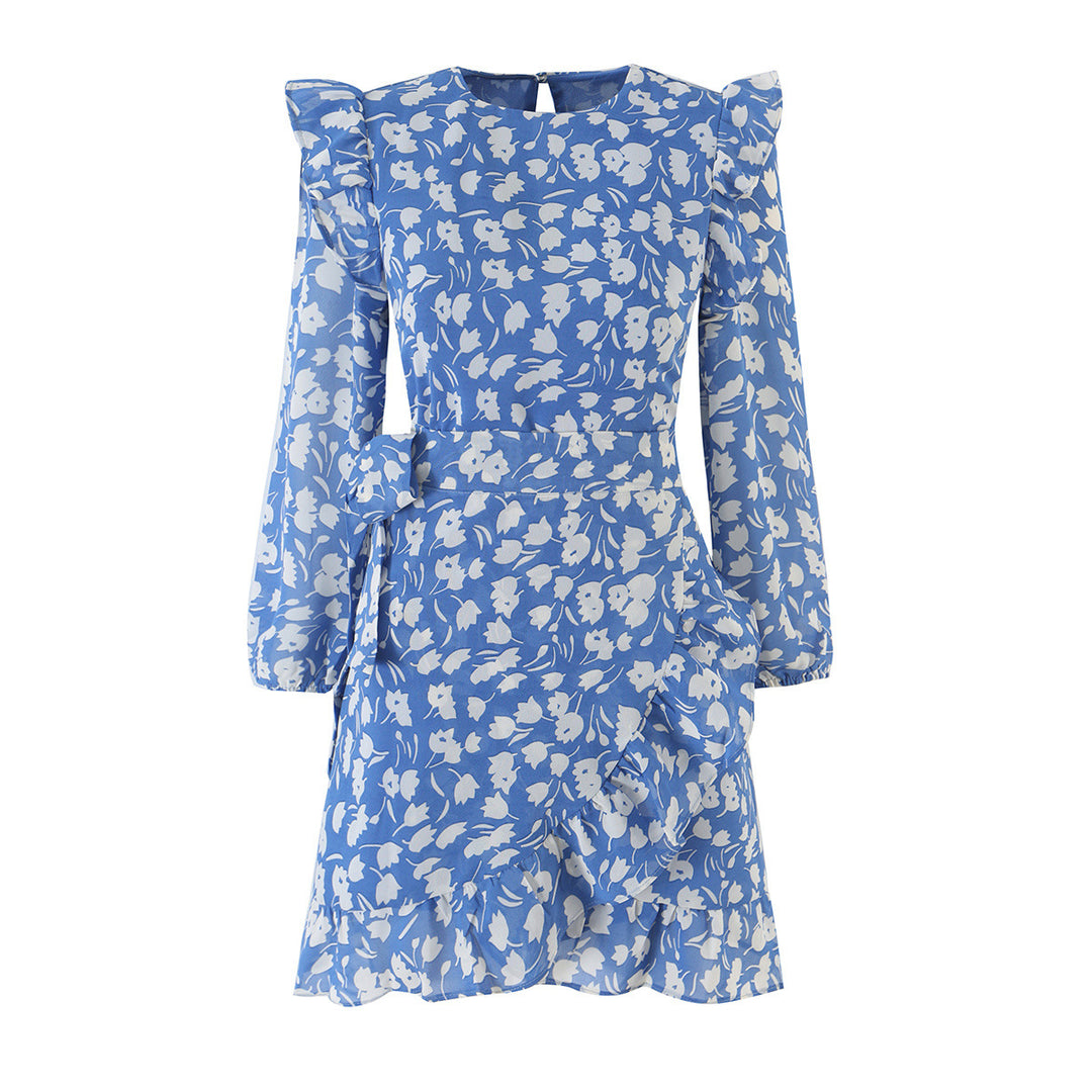 Women's Floral Chiffon Wrap Dress with Shoulder Ruffles and Belted Waist Mune Fashion