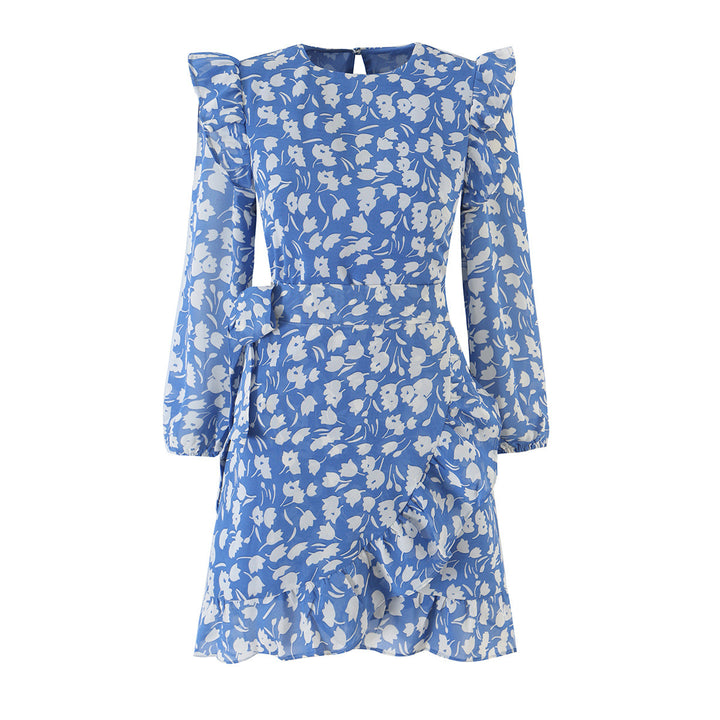 Women's Floral Chiffon Wrap Dress with Shoulder Ruffles and Belted Waist Mune Fashion