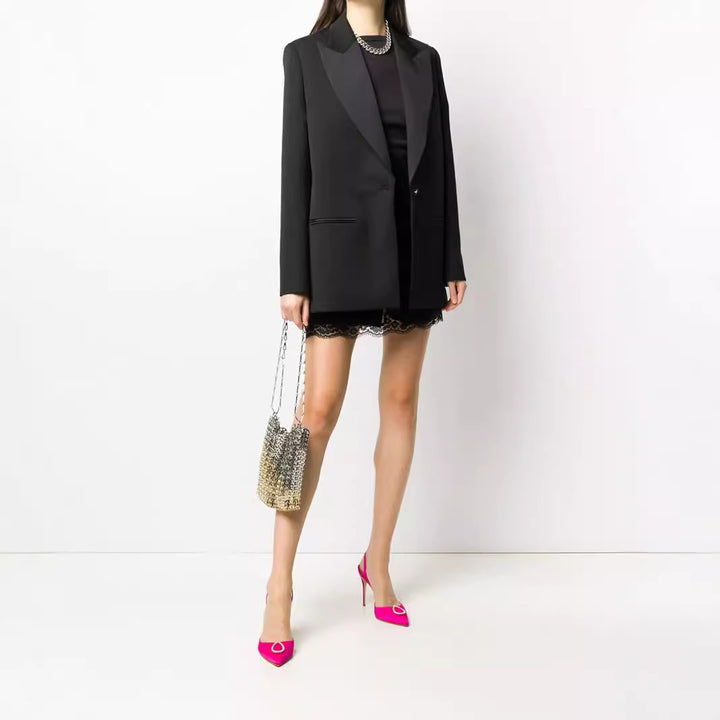 Women’s Oversized Single-Breasted Long Blazer with Satin Shawl Collar and Clean Tailoring Mune Fashion