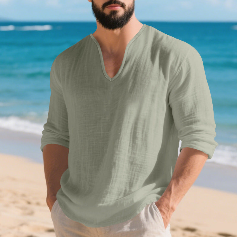 Men's lightweight linen V-neck shirt with a loose fit and roll-up sleeves Mune Fashion