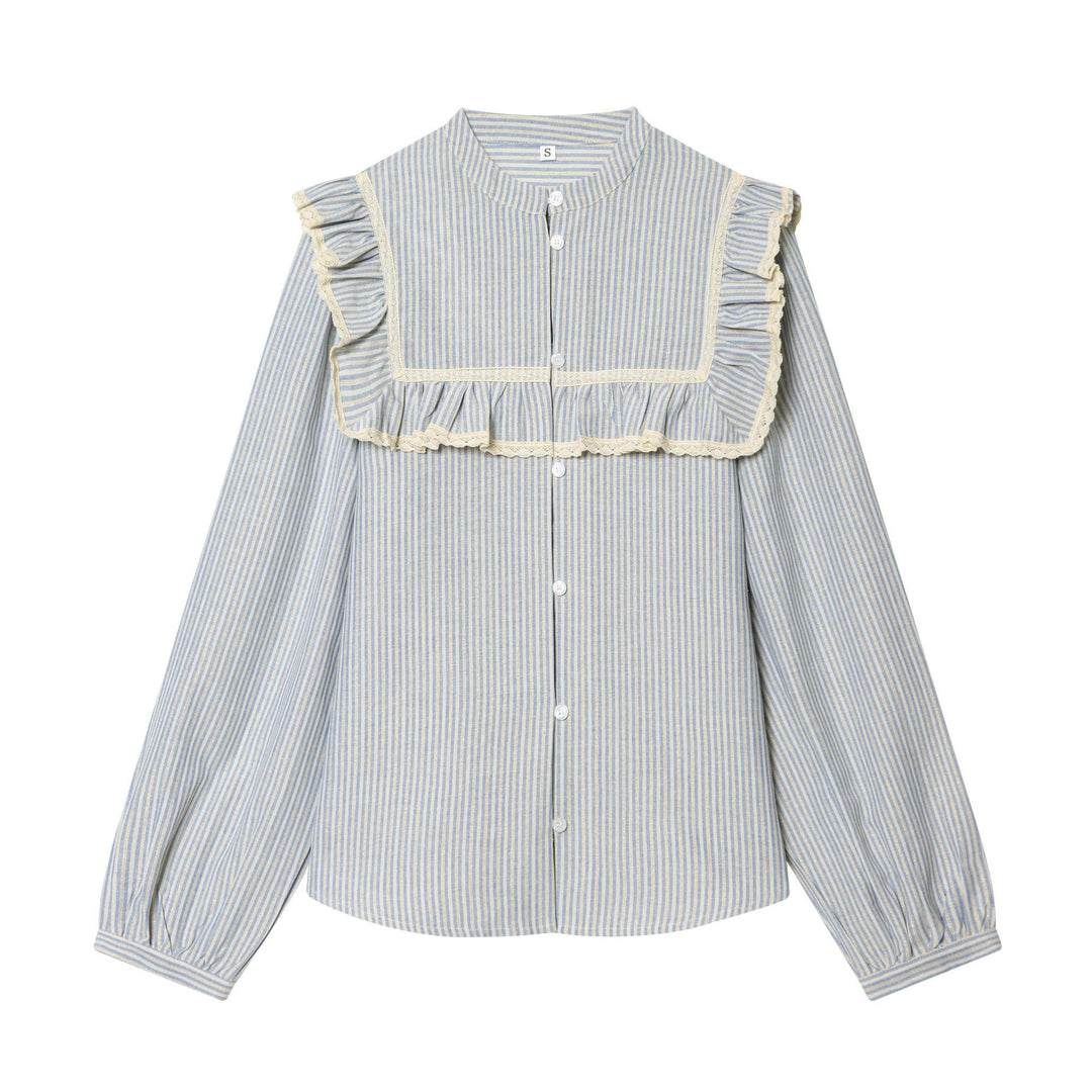 Women Striped Cotton Blouse with Square Bust Yoke, Ruffle and Lace Trim Mune Fashion